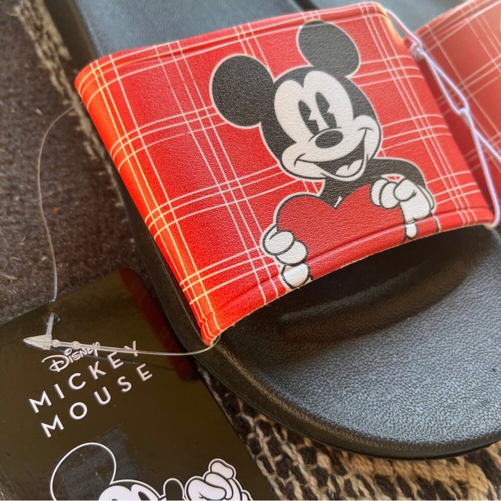 DISNEY Mickey Mouse Red Plaid Slide Sandals 37/6.5 Heart Womens Classic Cartoon - Picture 4 of 6